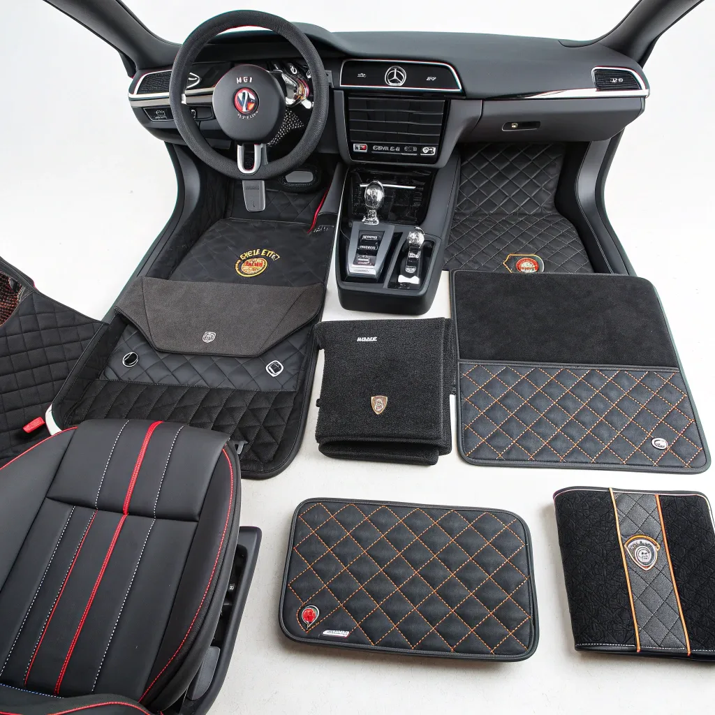 Display of premium car accessories including floor mats, tech integrations, and more